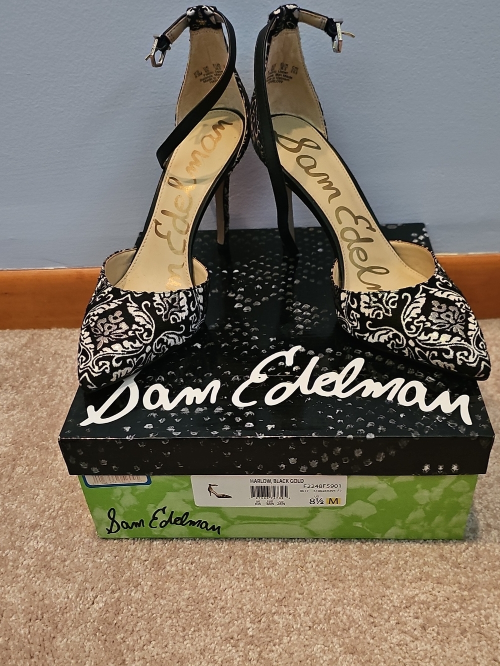 Sam Edelman Black & White Pointed Toe Ankle-Strap Heels